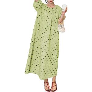 image:imagechouyatou Womens Polka Dot A Line Flare Dress Puff Sleeve Loose Cute Floral Midi Long Dress with PocketsGreen