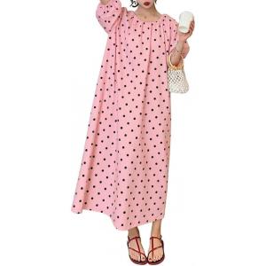 image:imagechouyatou Womens Polka Dot A Line Flare Dress Puff Sleeve Loose Cute Floral Midi Long Dress with PocketsPink