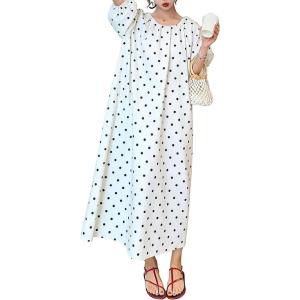image:imagechouyatou Womens Polka Dot A Line Flare Dress Puff Sleeve Loose Cute Floral Midi Long Dress with PocketsWhite