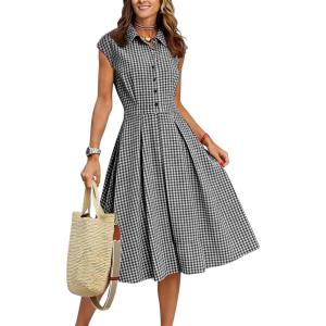 image:imagechouyatou Womens Retro Plaid Midi Long Shirt Dress Half Button Gingham Pleated Boho Tank DressBlack