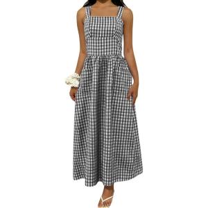image:imagechouyatou Womens Retro Plaid Smocked Long Dress Boho Gingham Beach Dresses Sexy Spaghetti Strap Swing Pleated DressBlack
