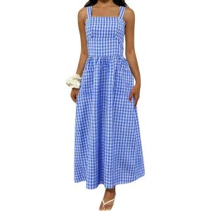 image:imagechouyatou Womens Retro Plaid Smocked Long Dress Boho Gingham Beach Dresses Sexy Spaghetti Strap Swing Pleated DressBlue