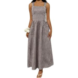 image:imagechouyatou Womens Retro Plaid Smocked Long Dress Boho Gingham Beach Dresses Sexy Spaghetti Strap Swing Pleated DressCoffee
