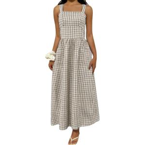 image:imagechouyatou Womens Retro Plaid Smocked Long Dress Boho Gingham Beach Dresses Sexy Spaghetti Strap Swing Pleated DressKhaki