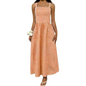 image:imagechouyatou Womens Retro Plaid Smocked Long Dress Boho Gingham Beach Dresses Sexy Spaghetti Strap Swing Pleated DressOrange