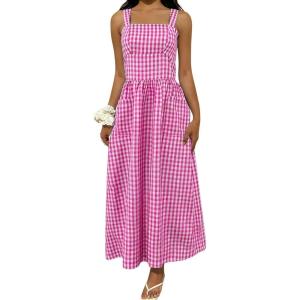 image:imagechouyatou Womens Retro Plaid Smocked Long Dress Boho Gingham Beach Dresses Sexy Spaghetti Strap Swing Pleated DressPink