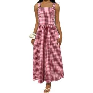 image:imagechouyatou Womens Retro Plaid Smocked Long Dress Boho Gingham Beach Dresses Sexy Spaghetti Strap Swing Pleated DressRed