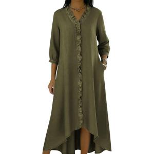 image:imagechouyatou Womens Ruffle Button Down Denim Midi Long Dress 34 Sleeve High How Jean Dress with PocketsArmy Green