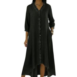 image:imagechouyatou Womens Ruffle Button Down Denim Midi Long Dress 34 Sleeve High How Jean Dress with PocketsBlack