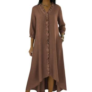 image:imagechouyatou Womens Ruffle Button Down Denim Midi Long Dress 34 Sleeve High How Jean Dress with PocketsBrown