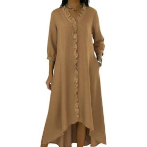 image:imagechouyatou Womens Ruffle Button Down Denim Midi Long Dress 34 Sleeve High How Jean Dress with PocketsKhaki
