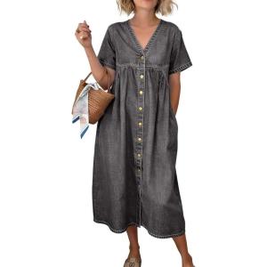 image:imagechouyatou Womens Short Sleeve Denim Shirt Dress Business Casual VNeck Midi Long Jean Dress with PocketsGrey