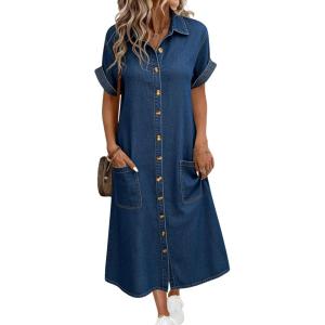 image:imagechouyatou Womens Short Sleeve Jean Dress Button Front Summer A Line Midi Denim Shirt Dress with PocketsBlue