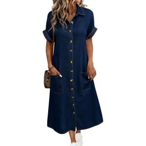 image:imagechouyatou Womens Short Sleeve Jean Dress Button Front Summer A Line Midi Denim Shirt Dress with PocketsDark Blue
