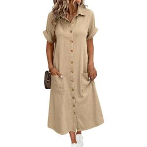 image:imagechouyatou Womens Short Sleeve Jean Dress Button Front Summer A Line Midi Denim Shirt Dress with PocketsKhaki