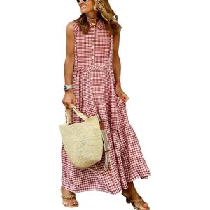 image:imagechouyatou Womens Summer Boho Gingham Dress Business Casual Belted Flowy Plaid Maxi Shirt Dress SundressRed