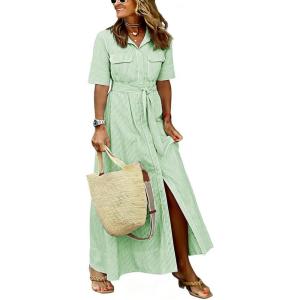image:imagechouyatou Womens Summer Boho Striped Maxi Long Shirt Dress Business Casual Short Sleeve Belted Cotton DressGreen