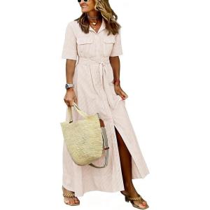 image:imagechouyatou Womens Summer Boho Striped Maxi Long Shirt Dress Business Casual Short Sleeve Belted Cotton DressKhaki
