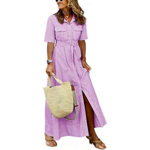 image:imagechouyatou Womens Summer Boho Striped Maxi Long Shirt Dress Business Casual Short Sleeve Belted Cotton DressPurple