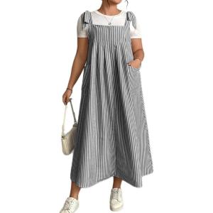 image:imagechouyatou Womens Summer Boho Striped Overall Dress Adjustable Strap Pocketed Midi Long Jumper DressBlack