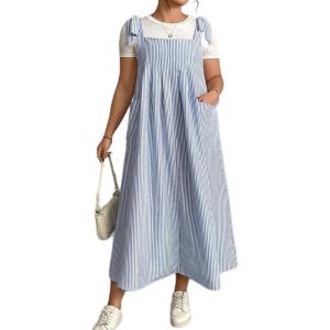 image:imagechouyatou Womens Summer Boho Striped Overall Dress Adjustable Strap Pocketed Midi Long Jumper DressBlue