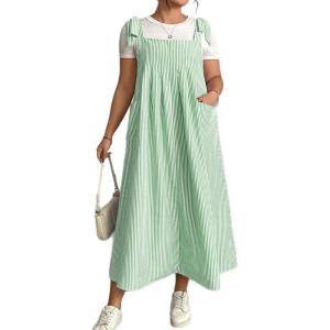 image:imagechouyatou Womens Summer Boho Striped Overall Dress Adjustable Strap Pocketed Midi Long Jumper DressGreen
