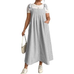 image:imagechouyatou Womens Summer Boho Striped Overall Dress Adjustable Strap Pocketed Midi Long Jumper DressGrey
