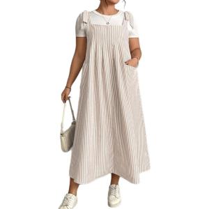 image:imagechouyatou Womens Summer Boho Striped Overall Dress Adjustable Strap Pocketed Midi Long Jumper DressKhaki
