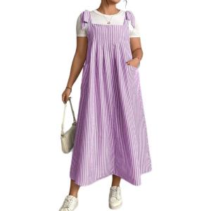 image:imagechouyatou Womens Summer Boho Striped Overall Dress Adjustable Strap Pocketed Midi Long Jumper DressPurple