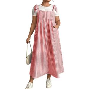 image:imagechouyatou Womens Summer Boho Striped Overall Dress Adjustable Strap Pocketed Midi Long Jumper DressRed
