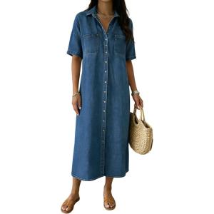 image:imagechouyatou Womens Summer Button Down Denim Shirt Dress Casual Short Sleeve Distressed Jean Long Dress with PocketsBlue