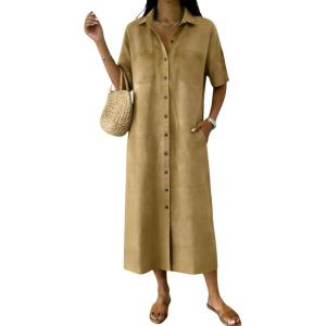 image:imagechouyatou Womens Summer Button Down Denim Shirt Dress Casual Short Sleeve Distressed Jean Long Dress with PocketsKhaki