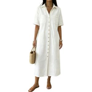 image:imagechouyatou Womens Summer Button Down Denim Shirt Dress Casual Short Sleeve Distressed Jean Long Dress with PocketsWhite