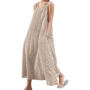 image:imagechouyatou Womens Summer Casual LooseFit Cotton Plaid Tank Maxi Dress with Pockets Boho Beach SundressCoffee