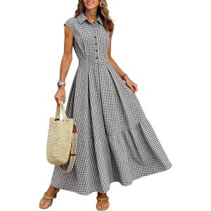 image:imagechouyatou Womens Summer Plaid Maxi Shirt Dress Button Down Gingham Pleated Boho Sleeveless Long DressBlack