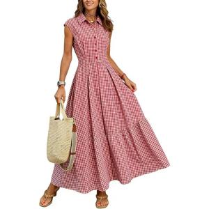 image:imagechouyatou Womens Summer Plaid Maxi Shirt Dress Button Down Gingham Pleated Boho Sleeveless Long DressRed