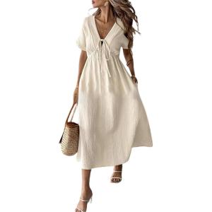 image:imagechouyatou Womens Summer Short Sleeve Cotton Dress V Neck Bowknot A Line Flare Midi Dress with PocketsBeige