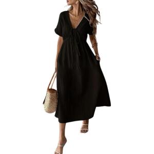 image:imagechouyatou Womens Summer Short Sleeve Cotton Dress V Neck Bowknot A Line Flare Midi Dress with PocketsBlack