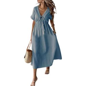image:imagechouyatou Womens Summer Short Sleeve Cotton Dress V Neck Bowknot A Line Flare Midi Dress with PocketsBlue