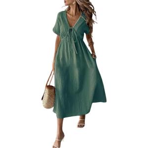image:imagechouyatou Womens Summer Short Sleeve Cotton Dress V Neck Bowknot A Line Flare Midi Dress with PocketsDark Green