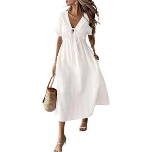 image:imagechouyatou Womens Summer Short Sleeve Cotton Dress V Neck Bowknot A Line Flare Midi Dress with PocketsWhite