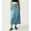 image:imagechouyatou Womens Casual Floral Printed Denim Skirt Vintage Distressed A Line Flare Jean Midi Long Skirt with PocketsBlue