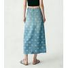 image:imagechouyatou Womens Casual Floral Printed Denim Skirt Vintage Distressed A Line Flare Jean Midi Long Skirt with PocketsBlue