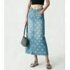 image:imagechouyatou Womens Casual Floral Printed Denim Skirt Vintage Distressed A Line Flare Jean Midi Long Skirt with PocketsBlue