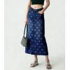 image:imagechouyatou Womens Casual Floral Printed Denim Skirt Vintage Distressed A Line Flare Jean Midi Long Skirt with PocketsDark Blue