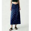 image:imagechouyatou Womens Casual Floral Printed Denim Skirt Vintage Distressed A Line Flare Jean Midi Long Skirt with PocketsDark Blue