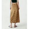image:imagechouyatou Womens Casual Floral Printed Denim Skirt Vintage Distressed A Line Flare Jean Midi Long Skirt with PocketsKhaki