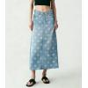 image:imagechouyatou Womens Casual Floral Printed Denim Skirt Vintage Distressed A Line Flare Jean Midi Long Skirt with PocketsLight Blue