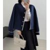 image:imagechouyatou Womens Casual Single Breasted Cropped Wool Coat Dressy Short Trench Pea Coat Overcoat with PocketsNavy