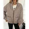 image:imagechouyatou Womens Casual Stand Collar Houndstooth Plaid Wool Pea Coat Zip Up Fleece Lined Dressy Bomber JacketCoffee